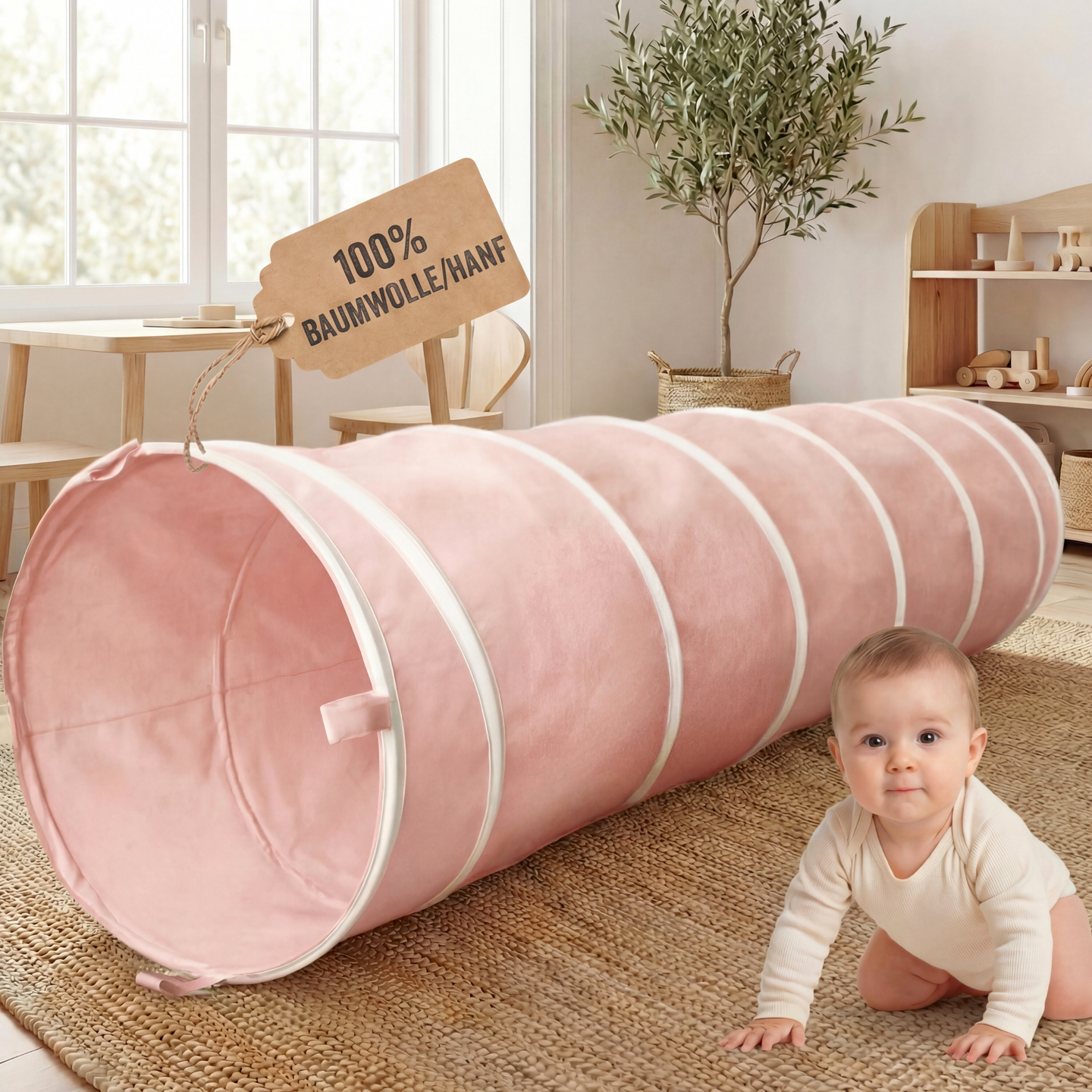 Spieltunnel aus Baumwolle/Hanf, passend zum runden Spielzelt, 180x46cm