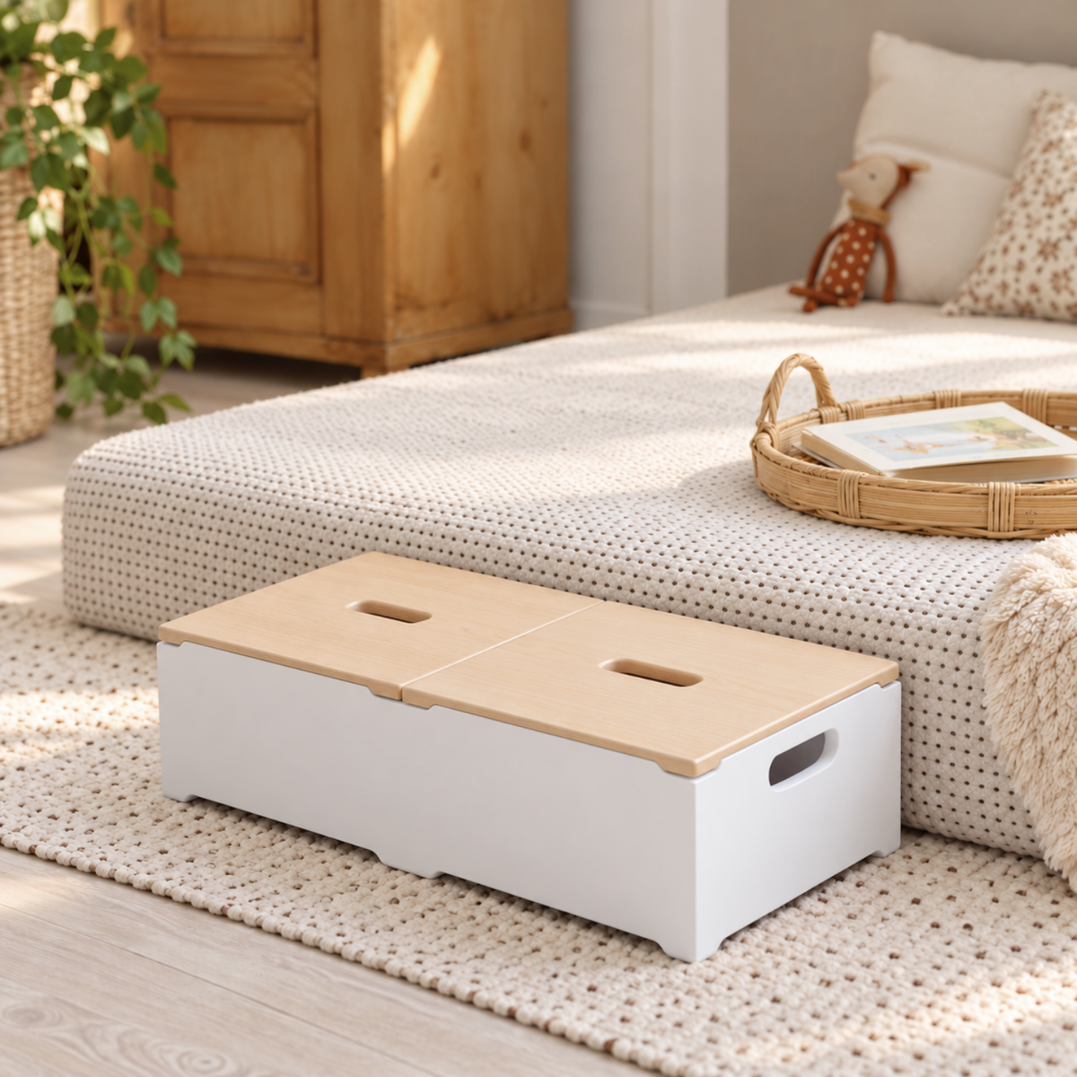 Aufbewahrungsbox & Sitzbank aus Massivholz – stapelbar mit 2 Deckeln
