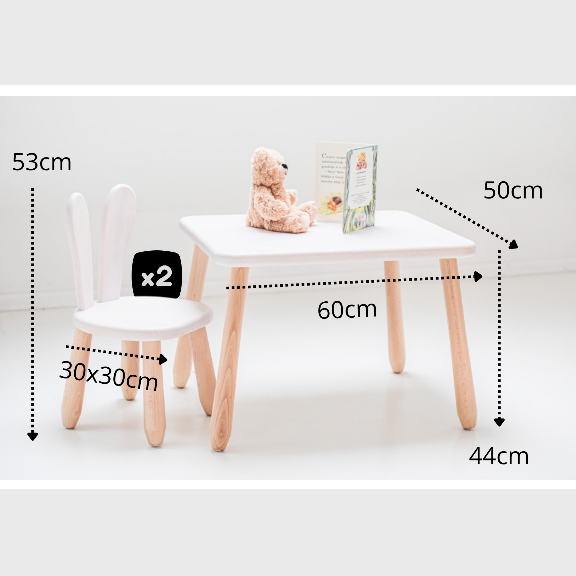 Duo Set "Bunny" – Kindertisch & 2 Stühle aus massivem Buchenholz