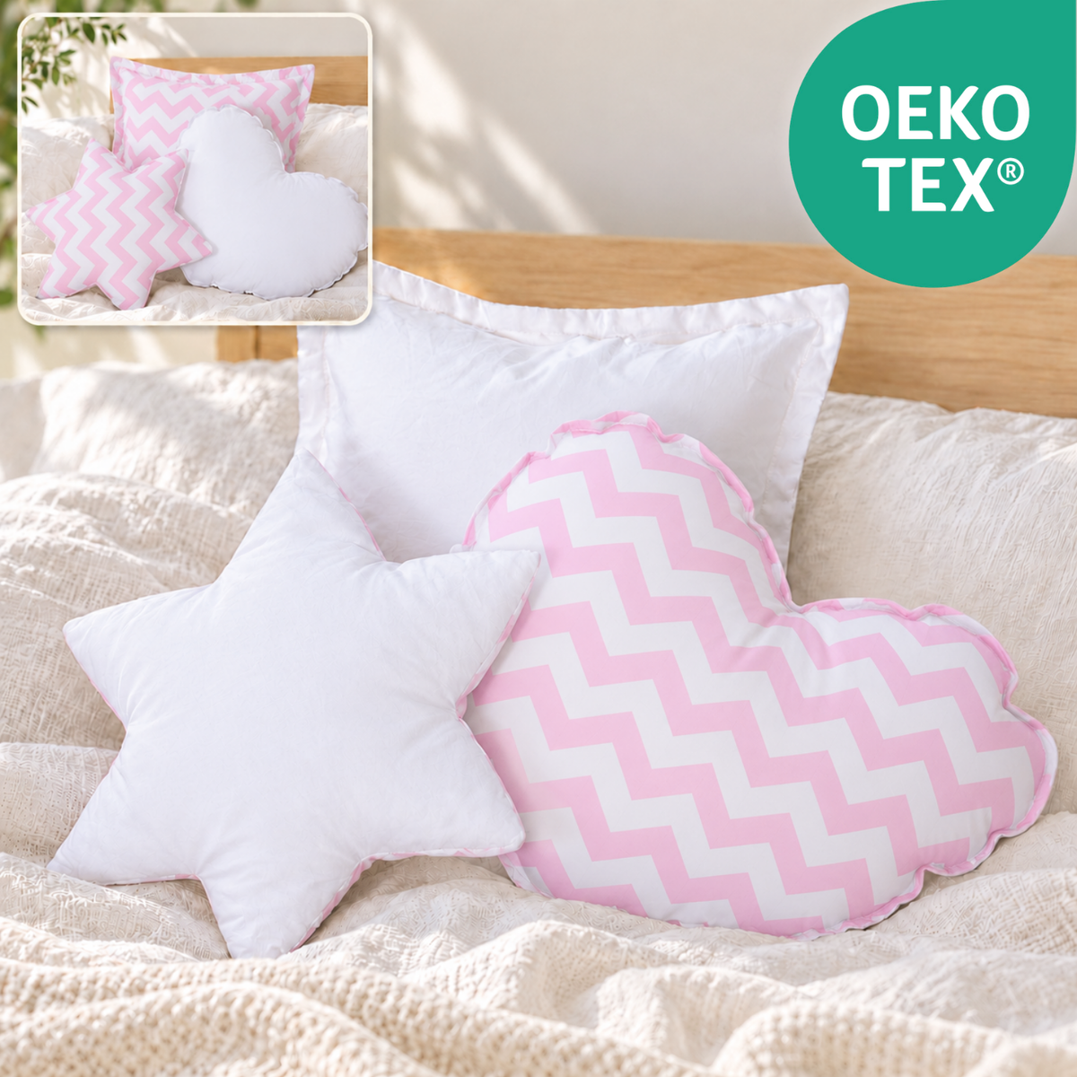 Wendekuschelkissen 3er-Set – Herz, Stern & Quadrat aus 100 % Baumwolle