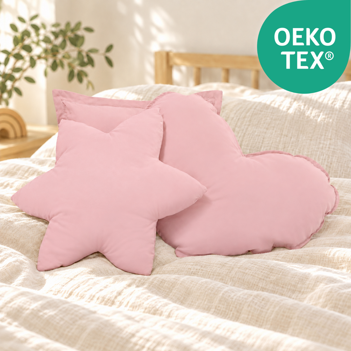 einfärbige Kuschelkissen 3er-Set – Herz, Stern & Quadrat aus 100 % Baumwolle