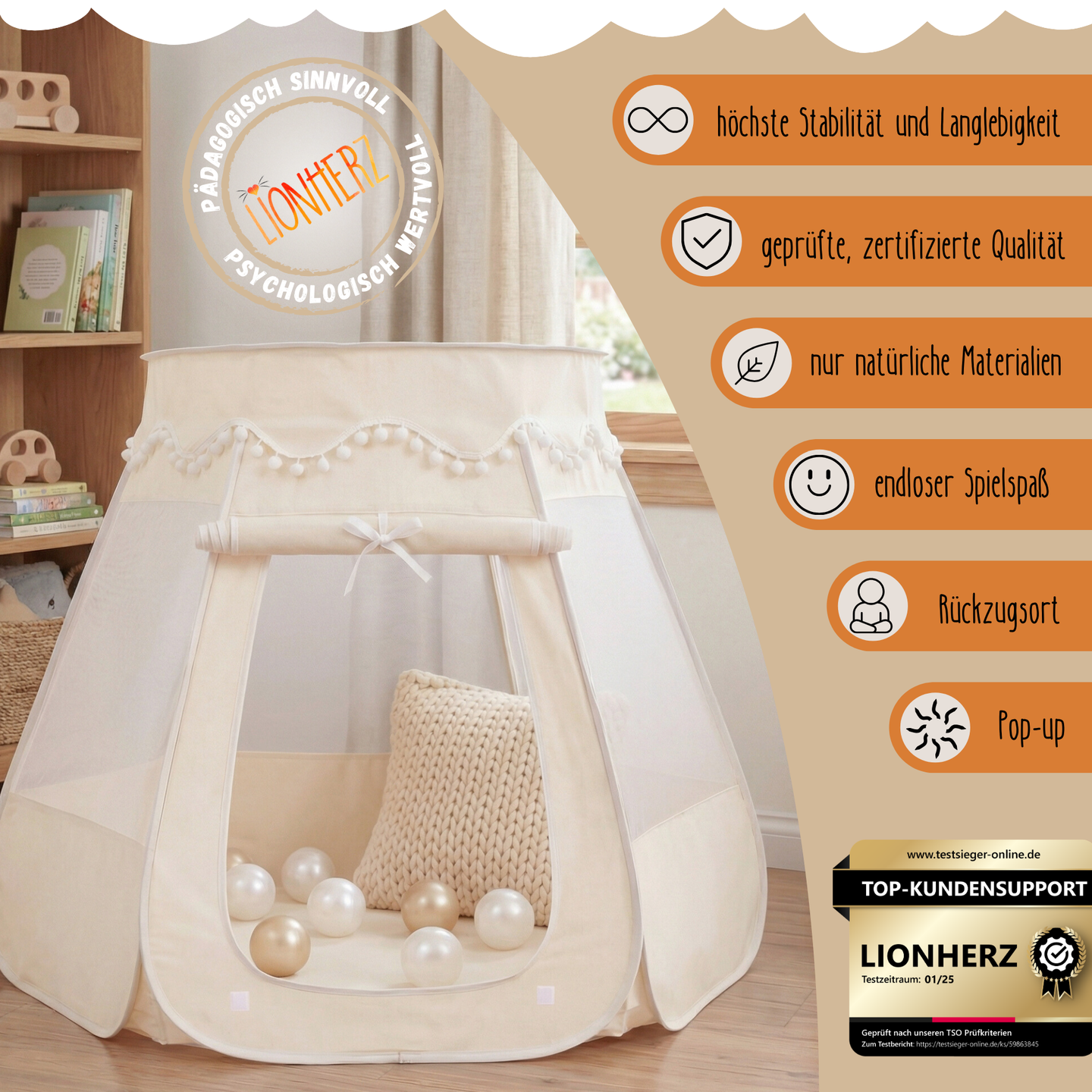 Pop-Up Bällebad-Spielzelt aus Baumwolle/Hanf