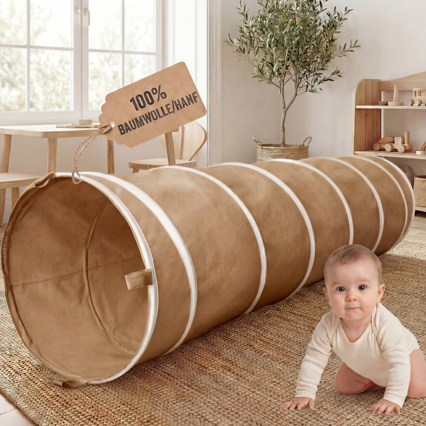 Spieltunnel aus Baumwolle/Hanf, passend zum runden Spielzelt, 180x46cm