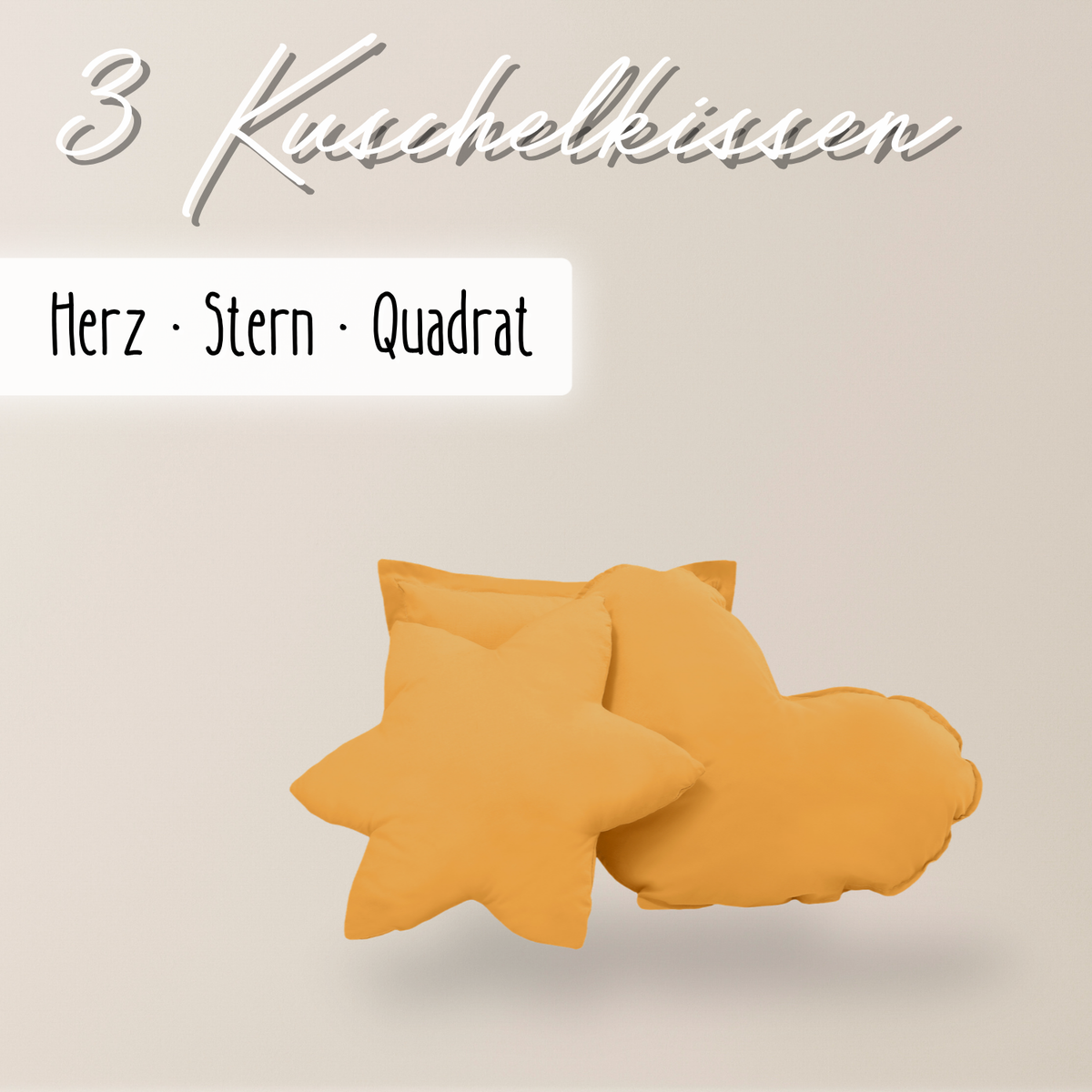 einfärbige Kuschelkissen 3er-Set – Herz, Stern & Quadrat aus 100 % Baumwolle