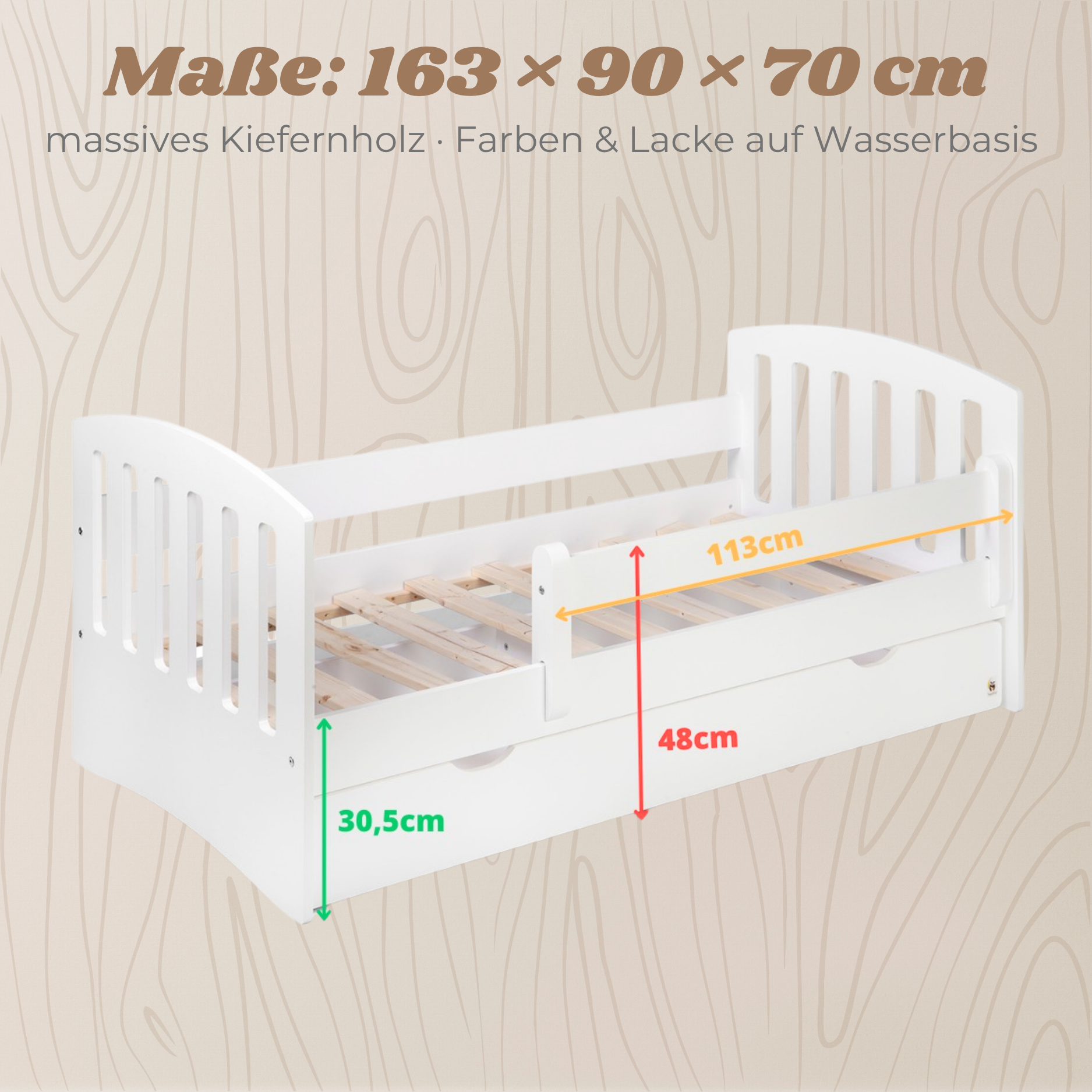 Yappy JUNIOR Classic - Kinderbett 160x80cm mit Schublade & Rausfallschutz