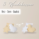 Wendekuschelkissen 3er-Set – Herz, Stern & Quadrat aus 100 % Baumwolle