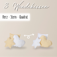 Wendekuschelkissen 3er-Set – Herz, Stern & Quadrat aus 100 % Baumwolle