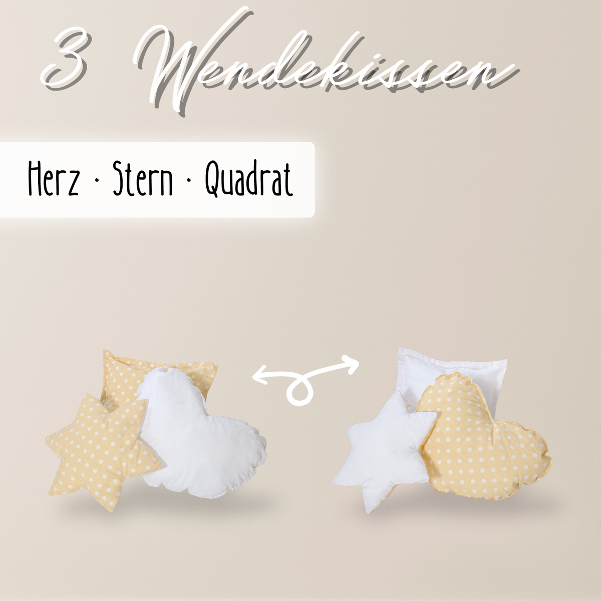 Wendekuschelkissen 3er-Set – Herz, Stern & Quadrat aus 100 % Baumwolle