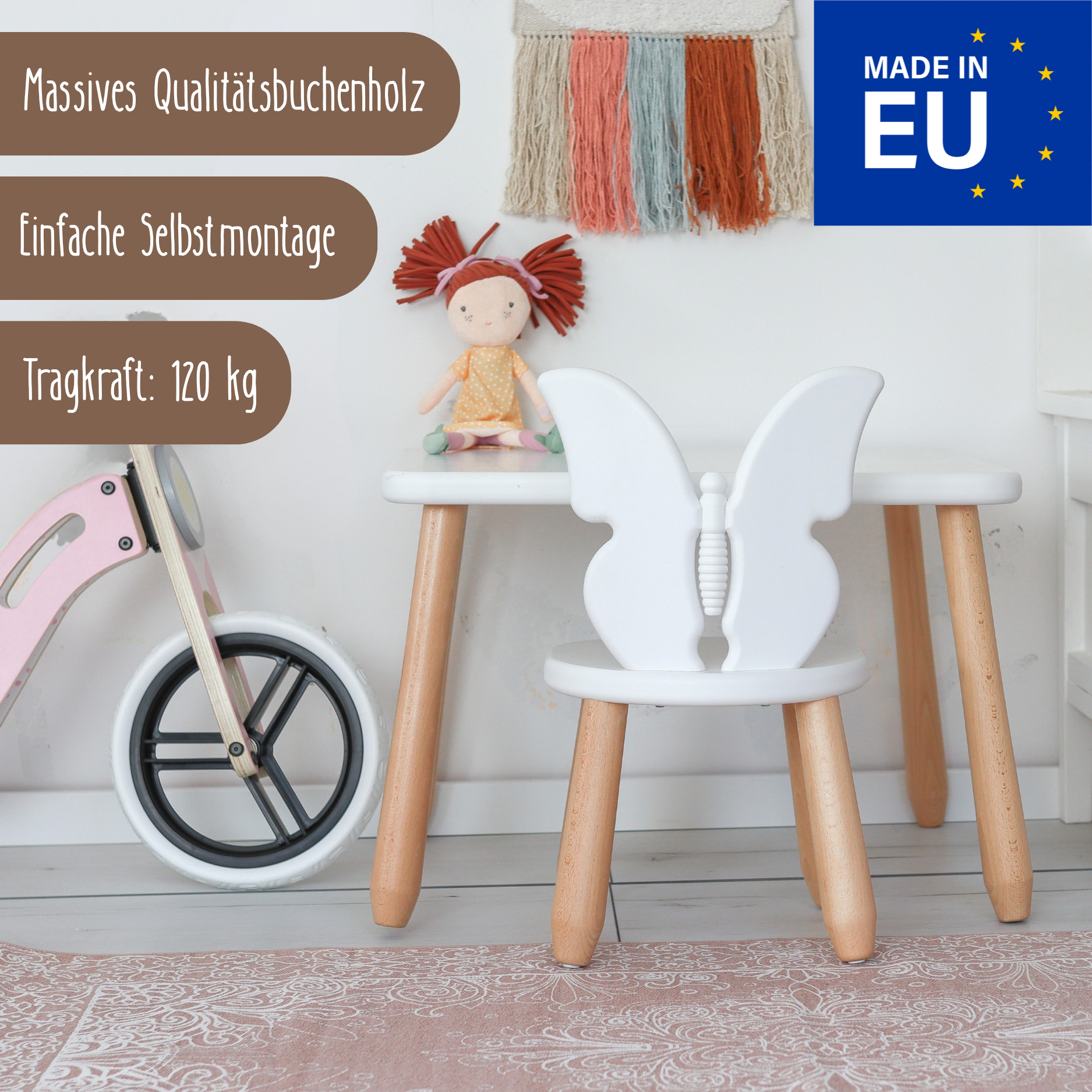 Solo Set "Butterfly" - Kindertisch & Stuhl aus massivem Buchenholz