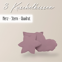 einfärbige Kuschelkissen 3er-Set – Herz, Stern & Quadrat aus 100 % Baumwolle