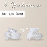 Wendekuschelkissen 3er-Set – Herz, Stern & Quadrat aus 100 % Baumwolle