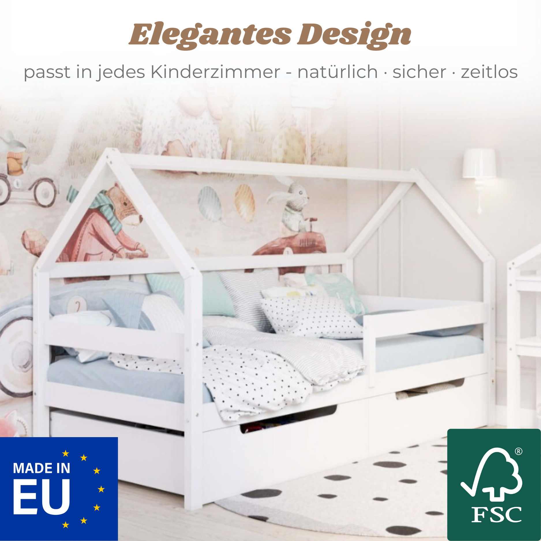 Yappy MAXI – Hausbett 200x90cm mit Rausfallschutz und 2 Schubladen