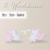 Wendekuschelkissen 3er-Set – Herz, Stern & Quadrat aus 100 % Baumwolle