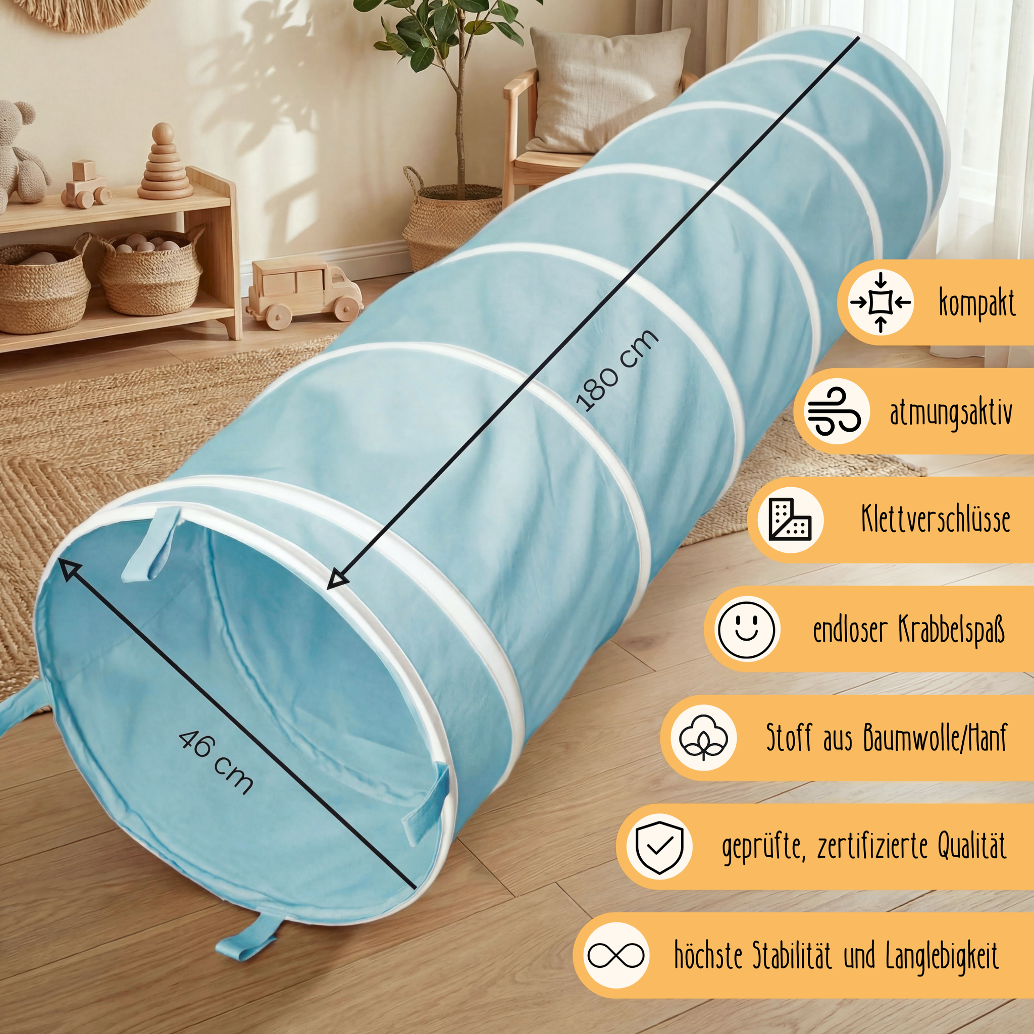 Spieltunnel aus Baumwolle/Hanf, passend zum runden Spielzelt, 180x46cm
