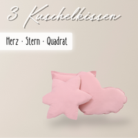 einfärbige Kuschelkissen 3er-Set – Herz, Stern & Quadrat aus 100 % Baumwolle