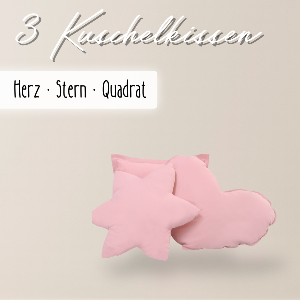 einfärbige Kuschelkissen 3er-Set – Herz, Stern & Quadrat aus 100 % Baumwolle