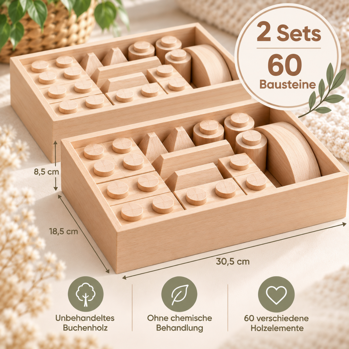 Montessori Holzbausteine aus Massivholz mit Aufbewahrungsbox