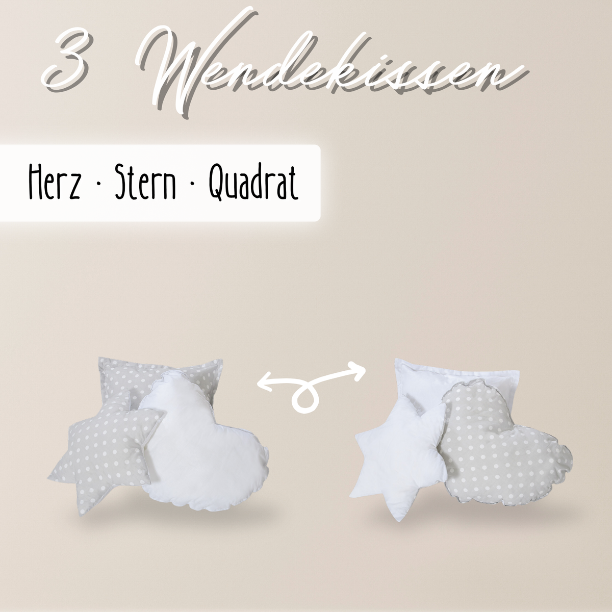 Wendekuschelkissen 3er-Set – Herz, Stern & Quadrat aus 100 % Baumwolle