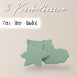 einfärbige Kuschelkissen 3er-Set – Herz, Stern & Quadrat aus 100 % Baumwolle