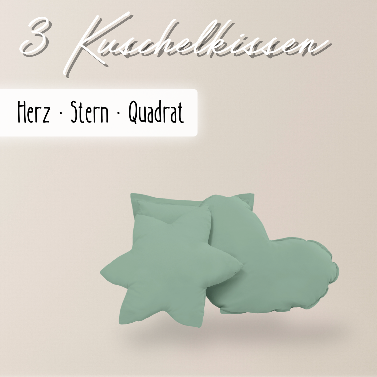 einfärbige Kuschelkissen 3er-Set – Herz, Stern & Quadrat aus 100 % Baumwolle