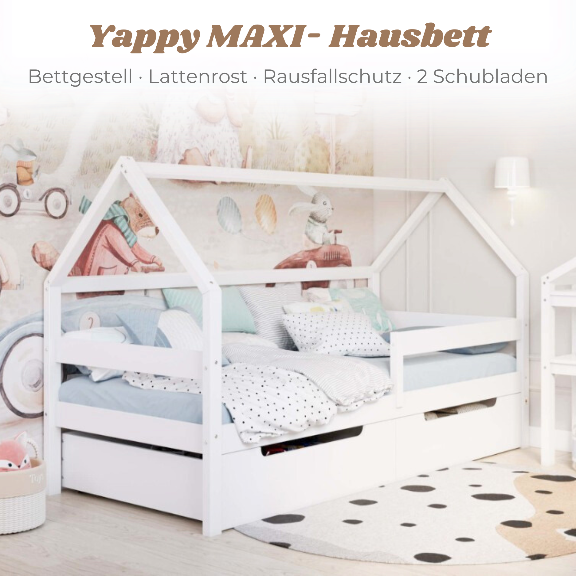 YappySole MAXI – Hausbett 200x90cm mit Rausfallschutz und 2 Schubladen