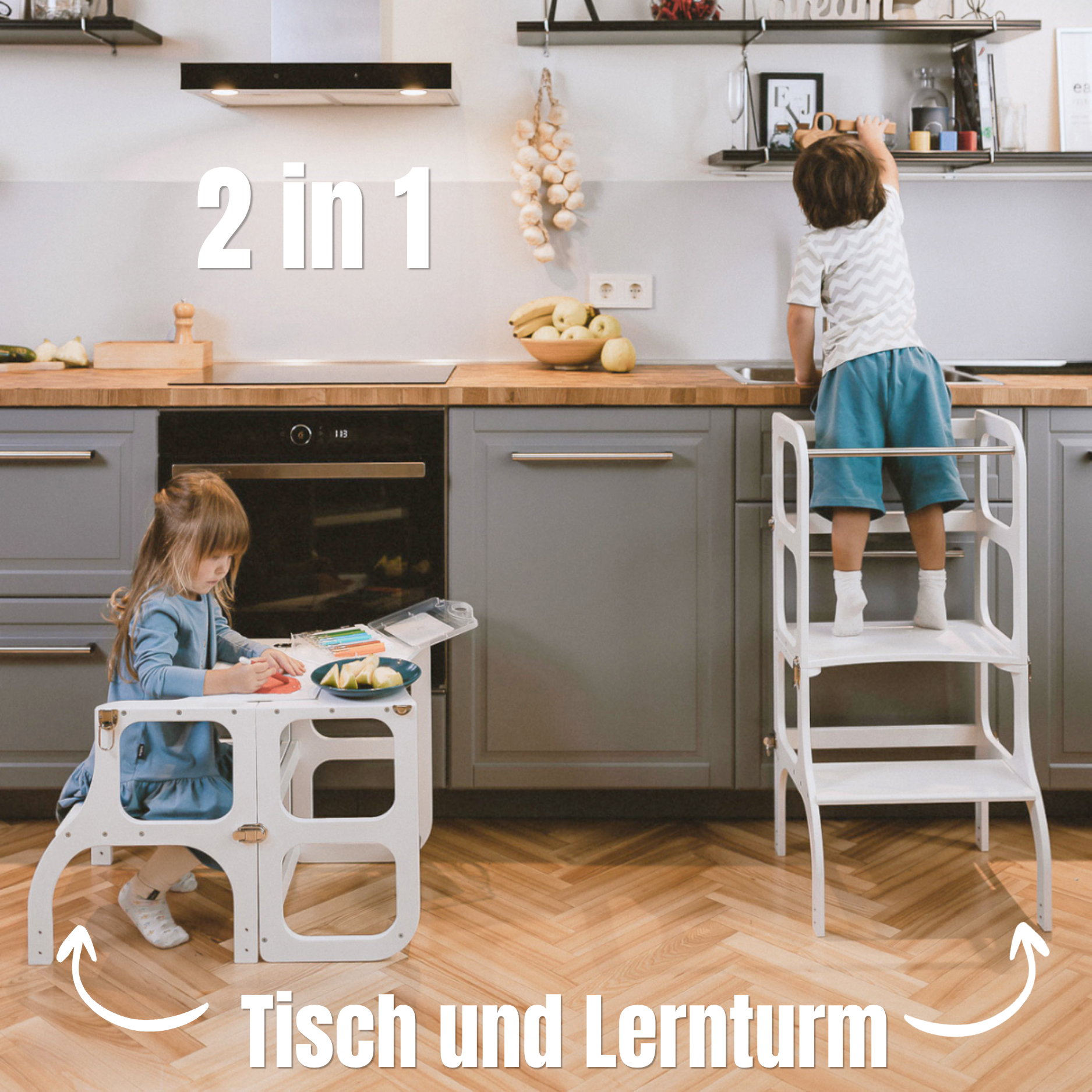 STEP’n’SIT® – Montessori Lernturm & Tisch 2-in-1 aus Holz