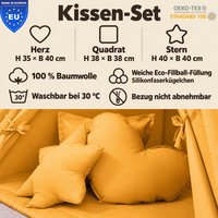 einfärbige Kuschelkissen 3er-Set – Herz, Stern & Quadrat aus 100 % Baumwolle
