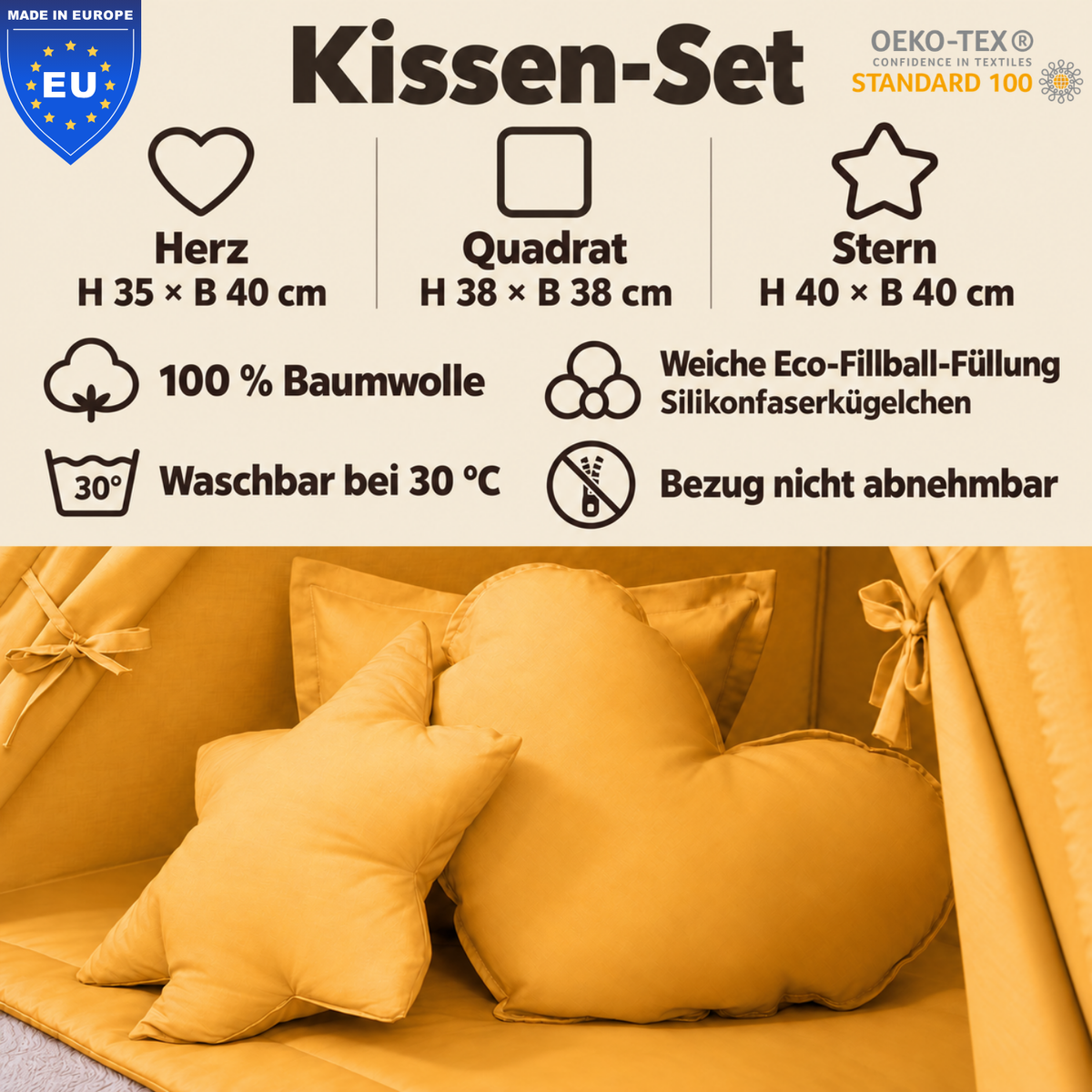 einfärbige Kuschelkissen 3er-Set – Herz, Stern & Quadrat aus 100 % Baumwolle