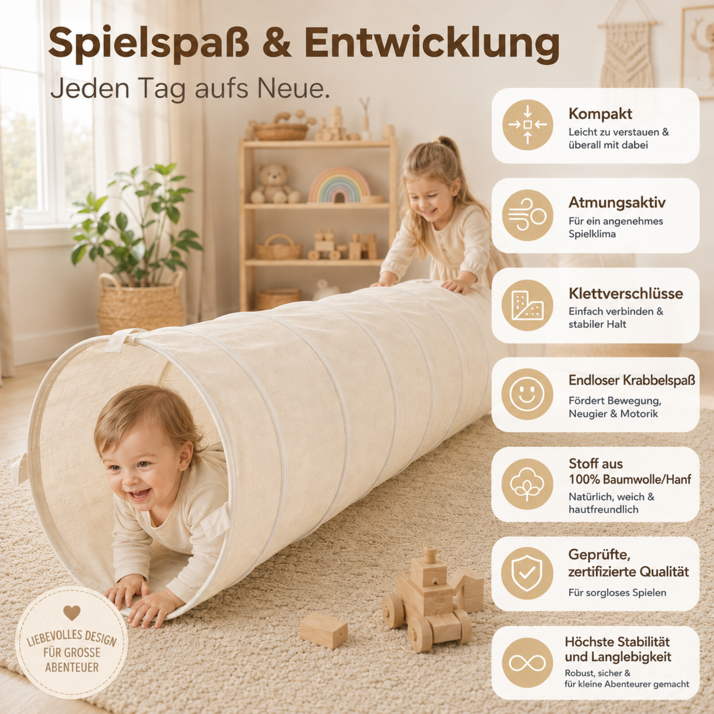 Spieltunnel aus Baumwolle/Hanf, passend zu den Spielzelten, 180x46cm