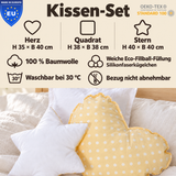 Wendekuschelkissen 3er-Set – Herz, Stern & Quadrat aus 100 % Baumwolle