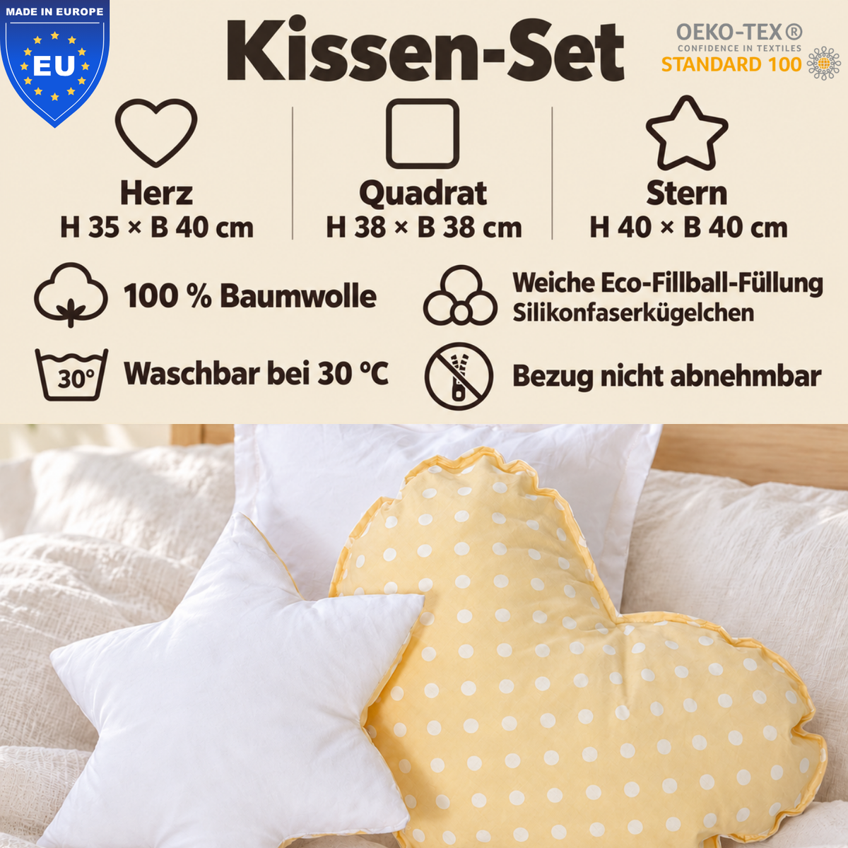 Wendekuschelkissen 3er-Set – Herz, Stern & Quadrat aus 100 % Baumwolle