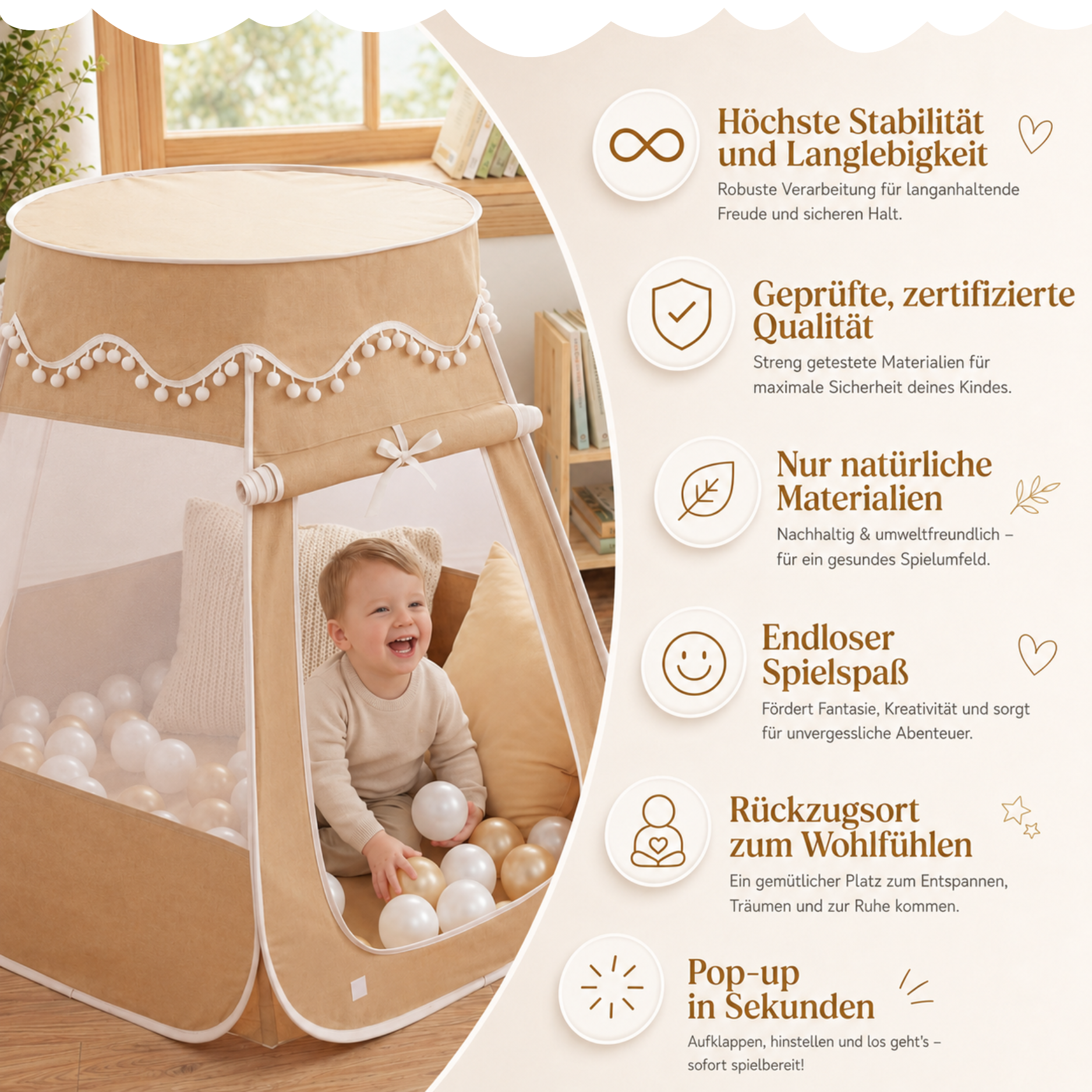 Pop-Up Bällebad-Spielzelt aus Baumwolle/Hanf