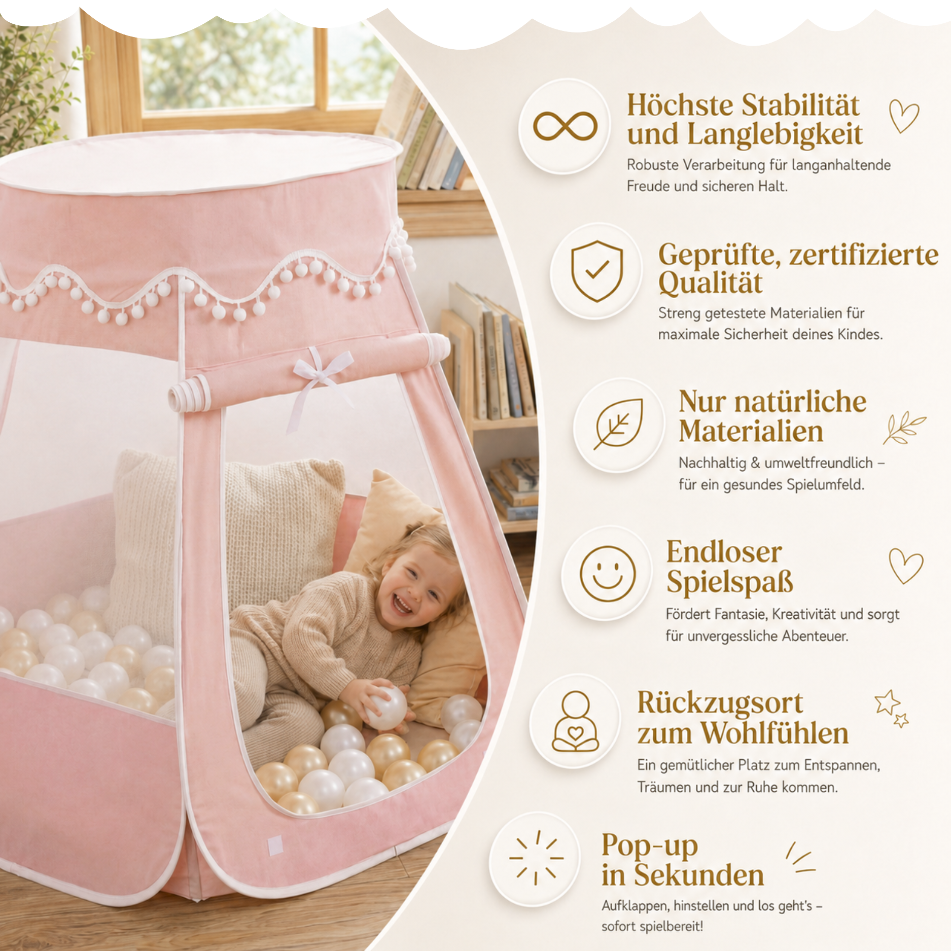 Pop-Up Bällebad-Spielzelt aus Baumwolle/Hanf