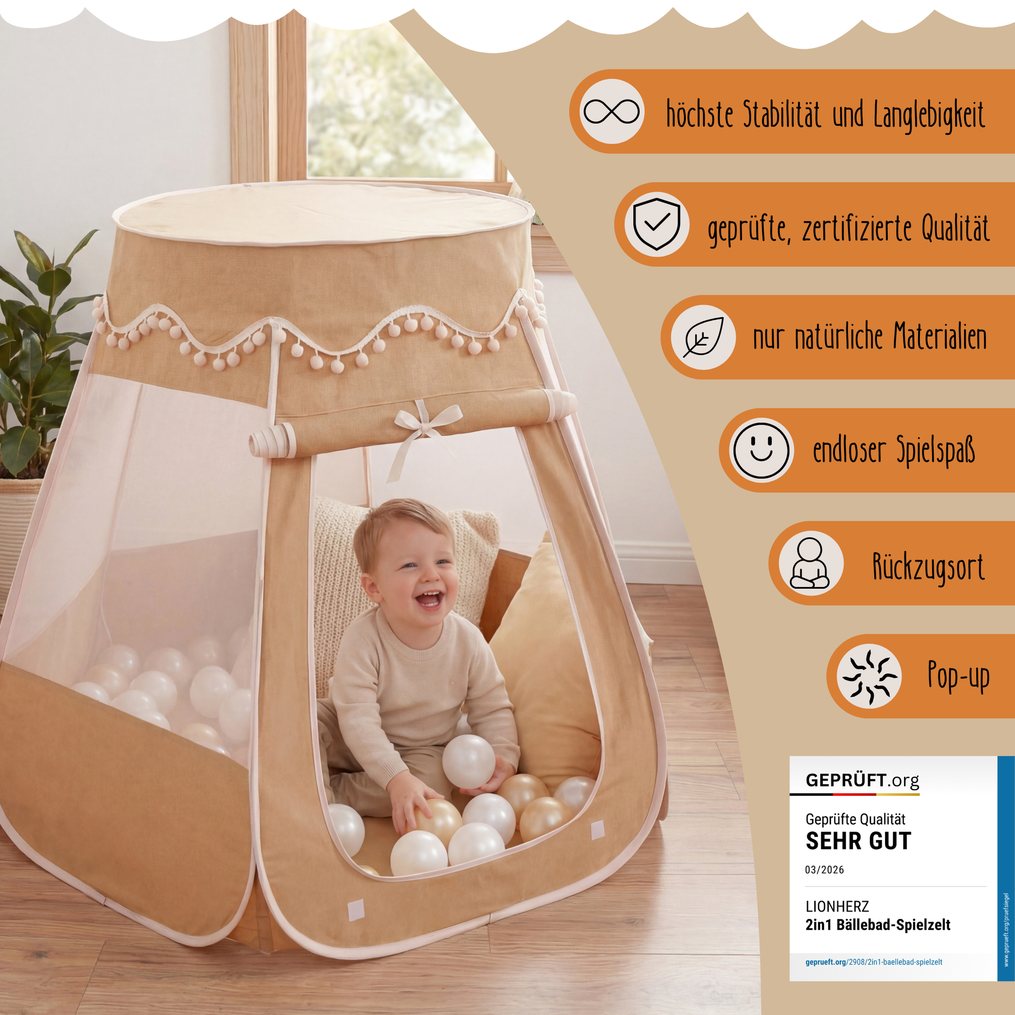Pop-Up Bällebad-Spielzelt aus Baumwolle/Hanf