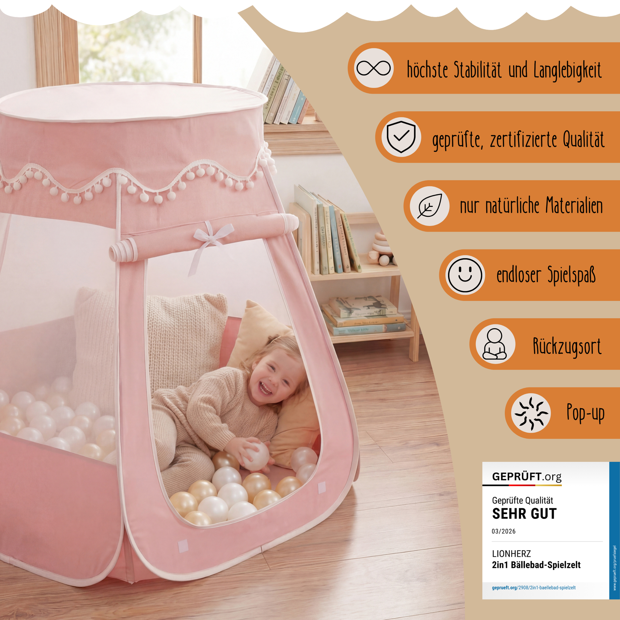 Pop-Up Bällebad-Spielzelt aus Baumwolle/Hanf