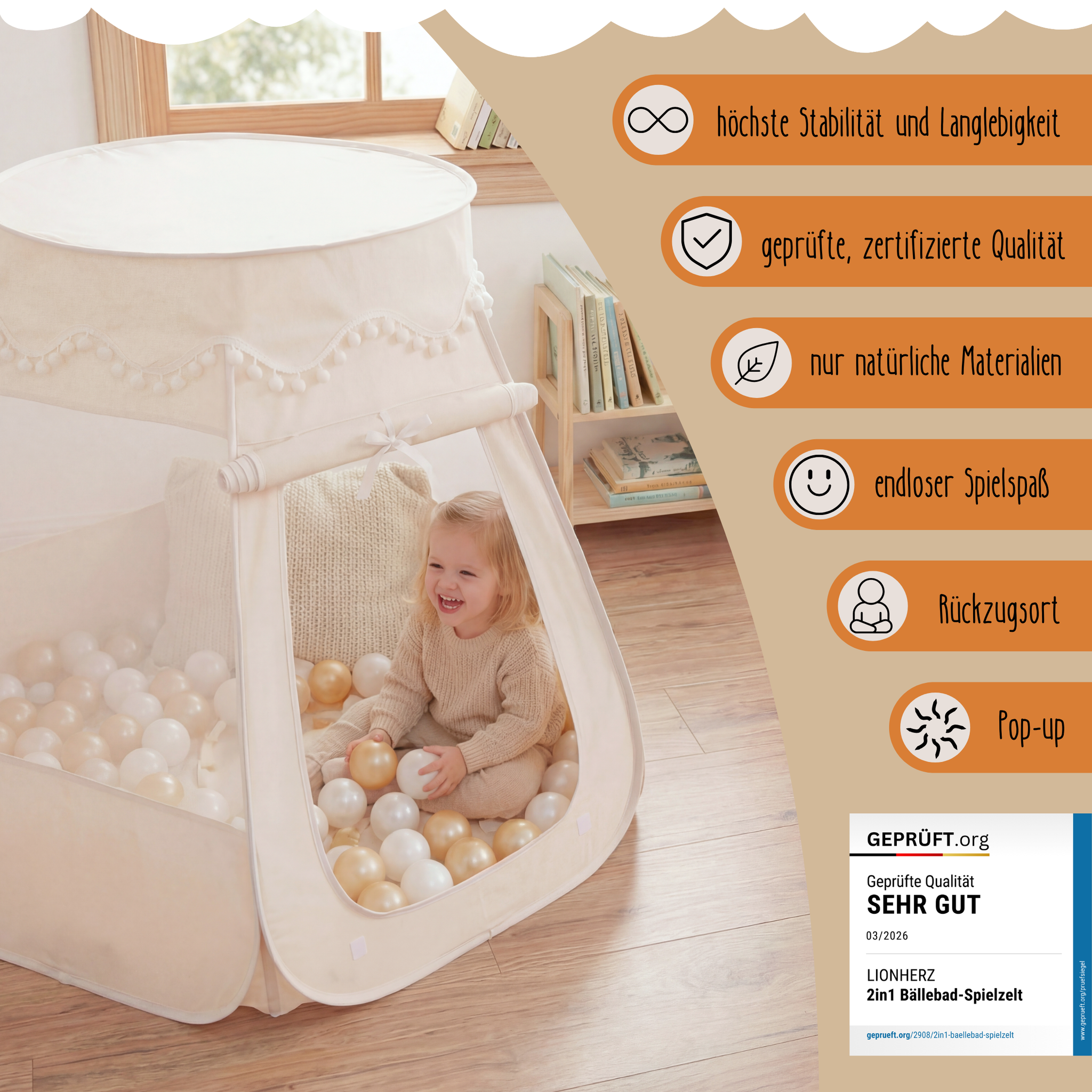 Pop-Up Bällebad-Spielzelt aus Baumwolle/Hanf