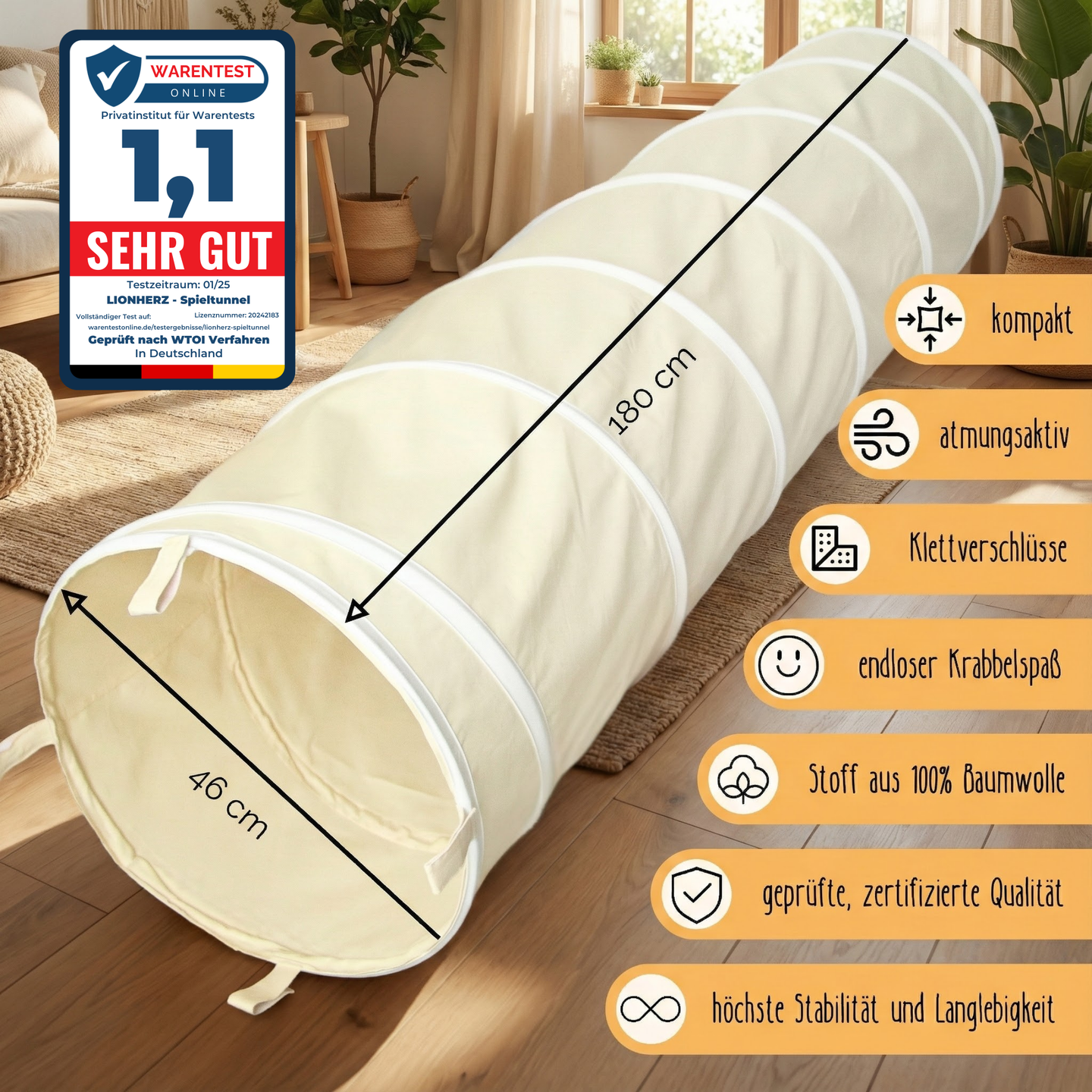 Spieltunnel – 100% Baumwolle, 180x46cm faltbar