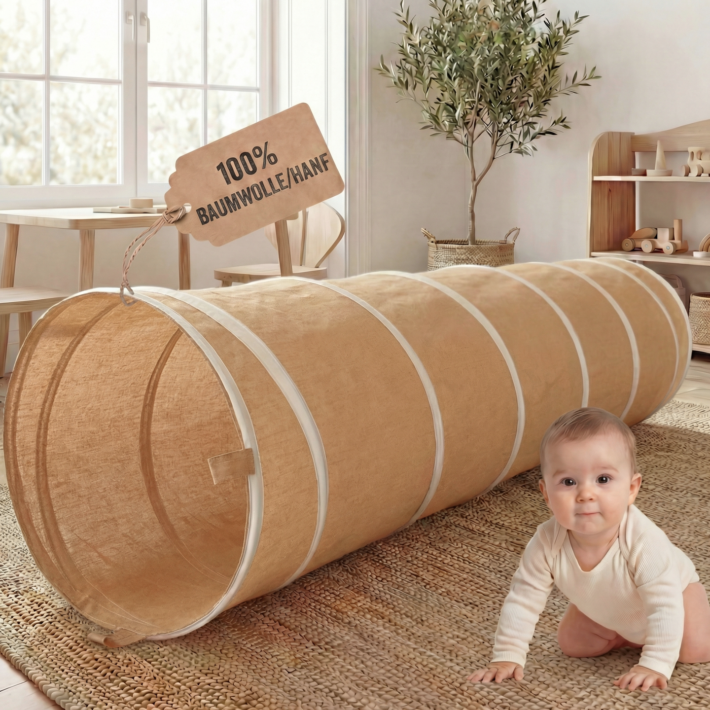 Spieltunnel aus Baumwolle/Hanf, passend zu den Spielzelten, 180x46cm