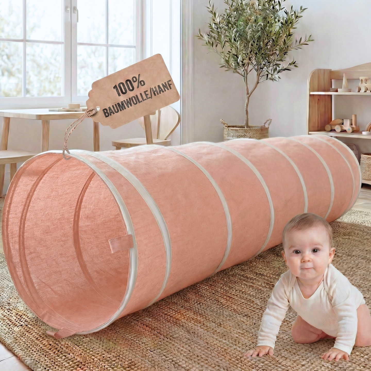 Spieltunnel aus Baumwolle/Hanf, passend zu den Spielzelten, 180x46cm
