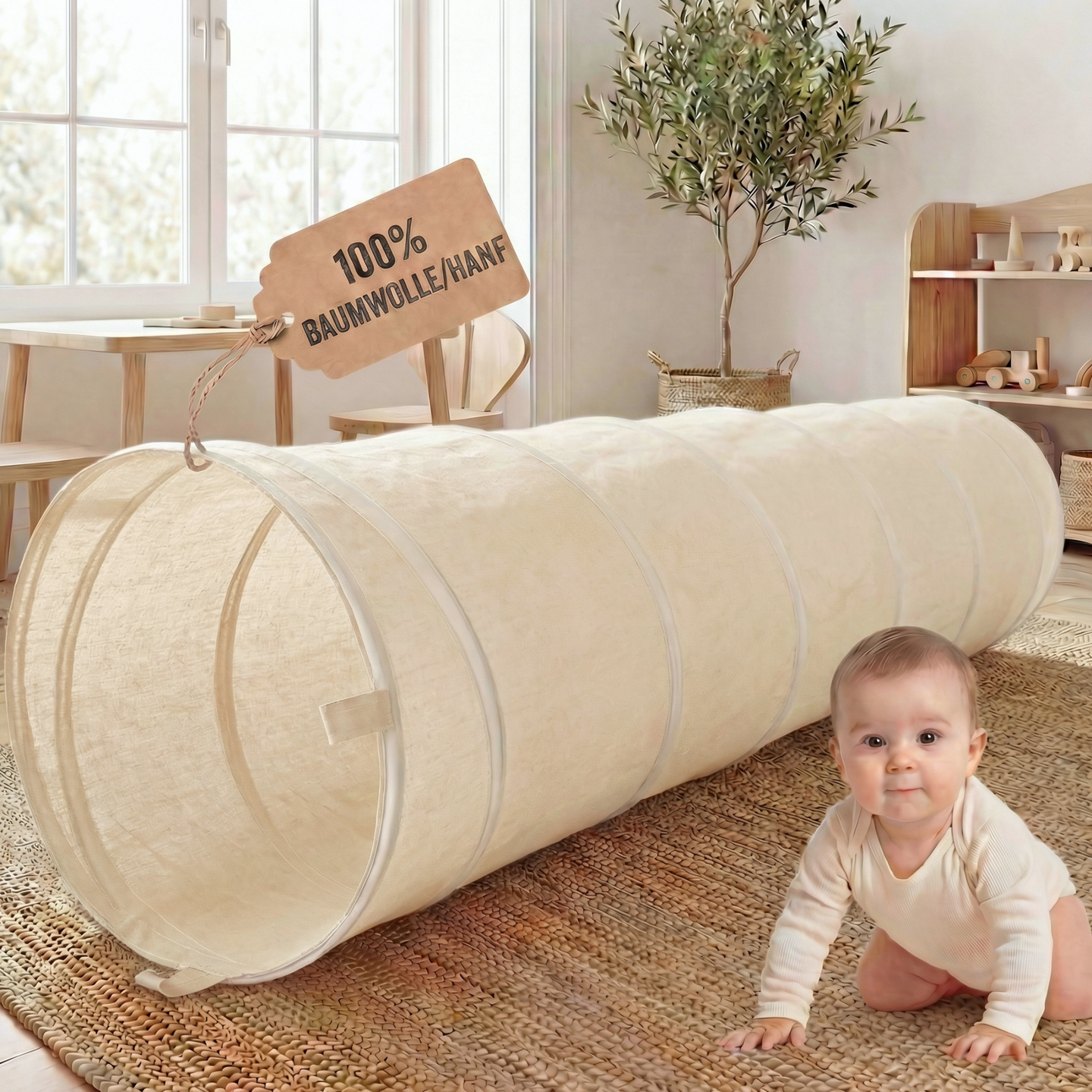 Spieltunnel aus Baumwolle/Hanf, passend zu den Spielzelten, 180x46cm