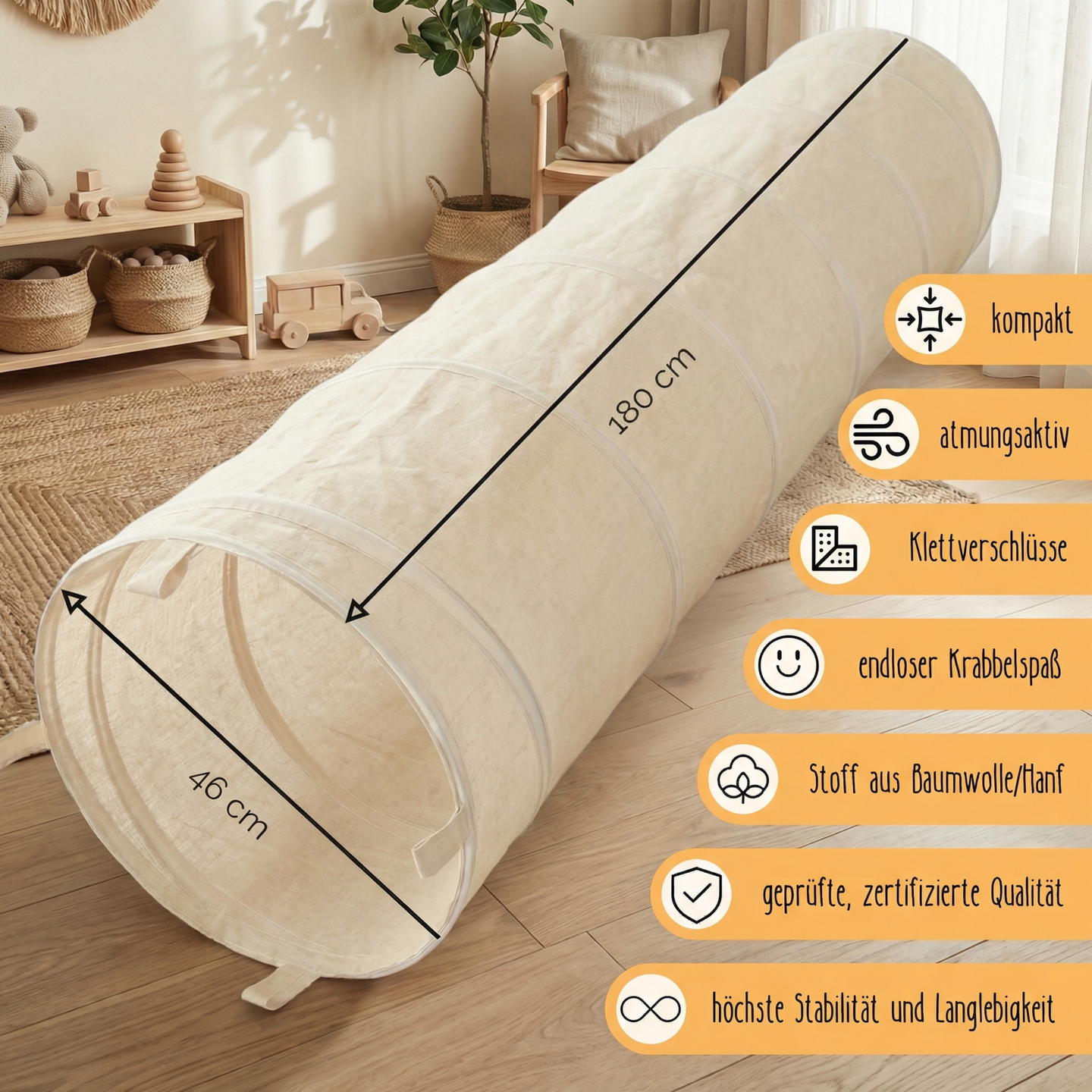 Spieltunnel aus Baumwolle/Hanf, passend zu den Spielzelten, 180x46cm