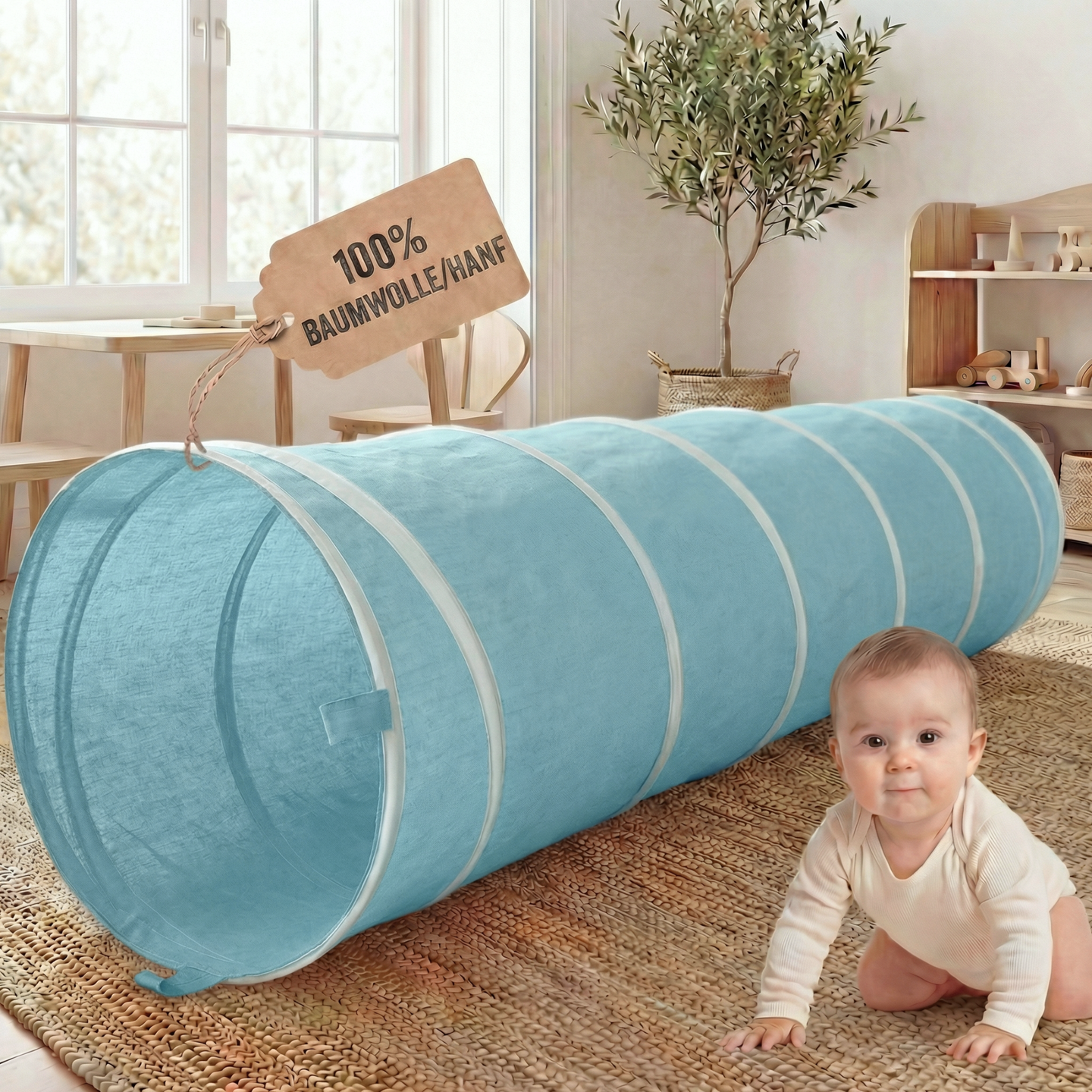 Spieltunnel aus Baumwolle/Hanf, passend zu den Spielzelten, 180x46cm