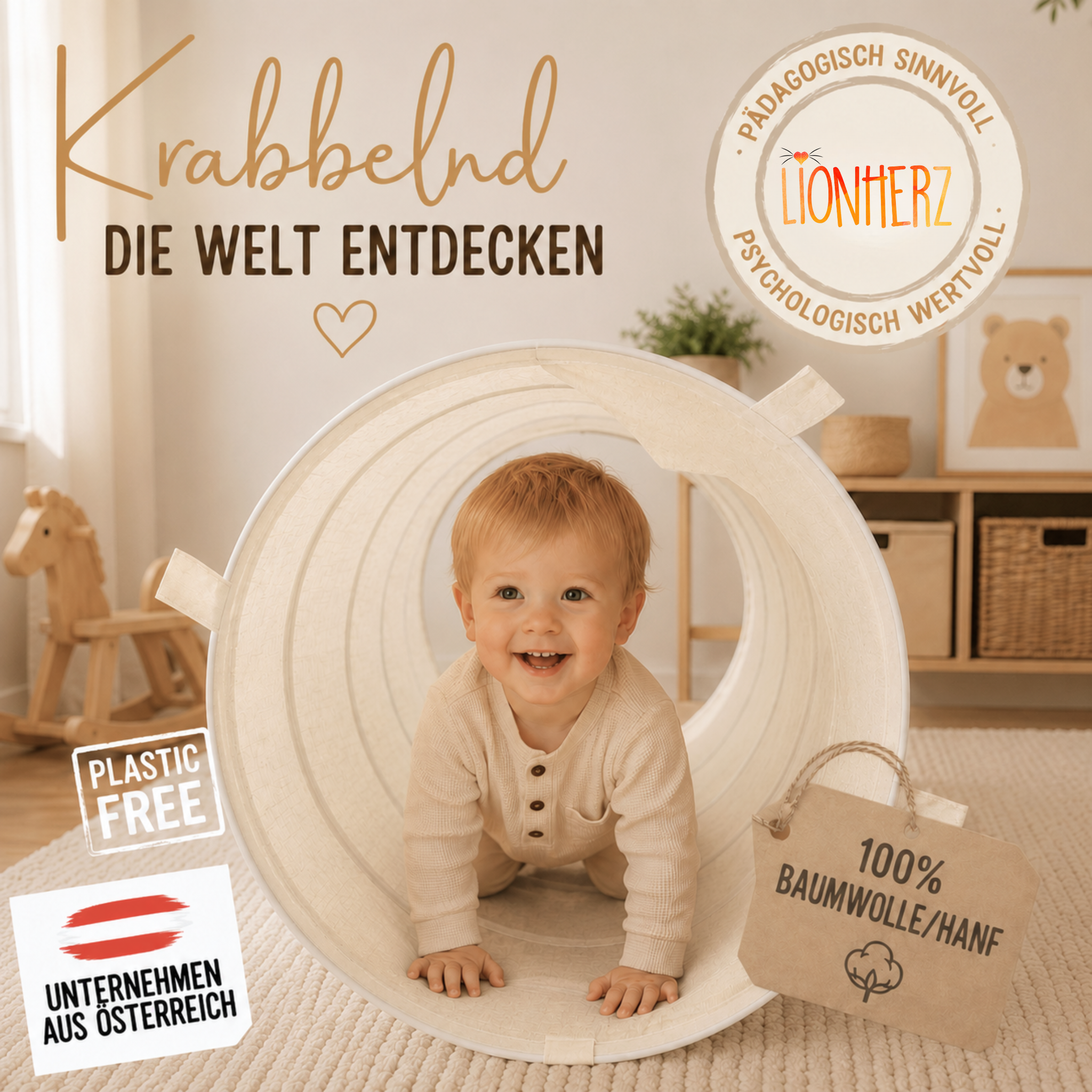 Spieltunnel aus Baumwolle/Hanf, passend zu den Spielzelten, 180x46cm