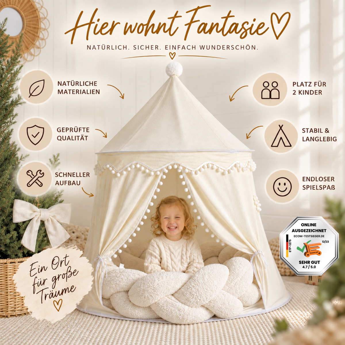 RETOURENARTIKEL: rundes Spielzelt - atmungsaktiv aus Baumwolle & Hanf