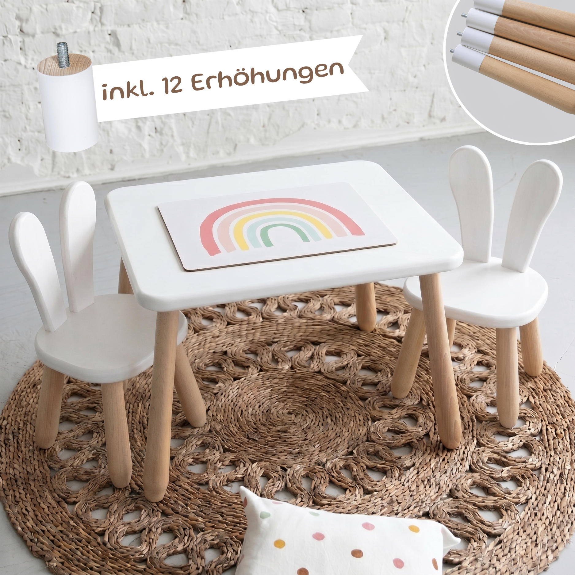 Duo Set "Bunny" – Kindertisch & 2 Stühle aus massivem Buchenholz