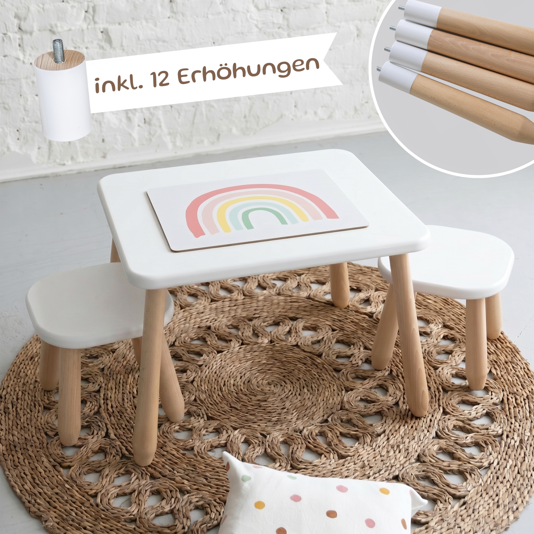 Duo Set "Minimal" – Kindertisch & 2 Hocker aus massivem Buchenholz