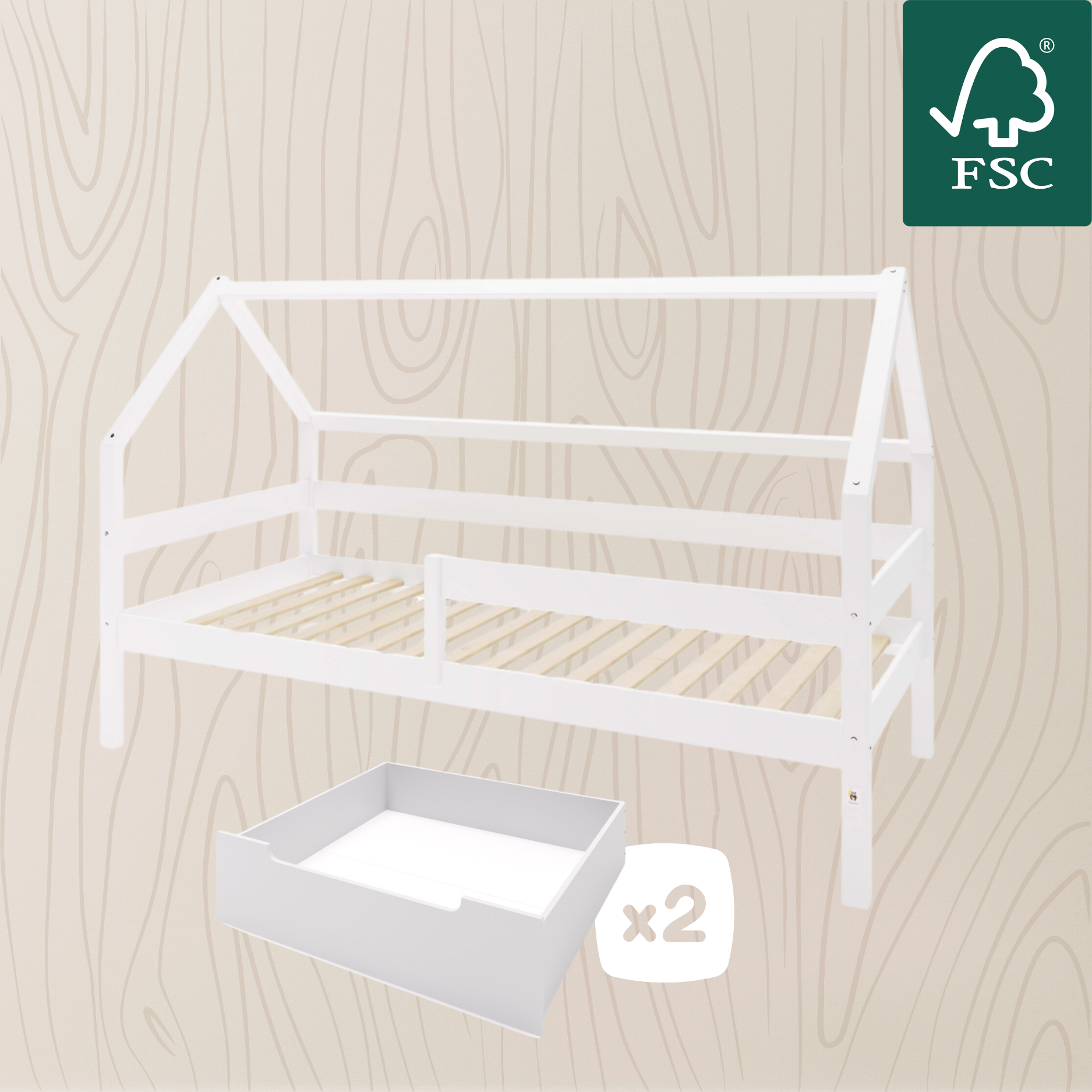 YappySole MAXI – Hausbett 200x90cm mit Rausfallschutz und 2 Schubladen