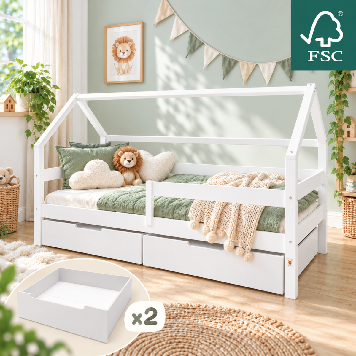 YappySole MAXI – House Bed 200x90cm with Fall Protection and 2 Drawers